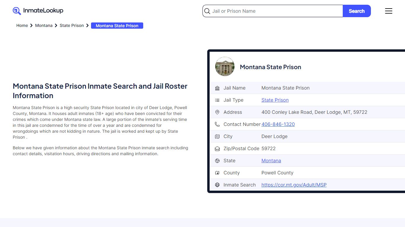 Montana State Prison Inmate Search and Jail Roster Information